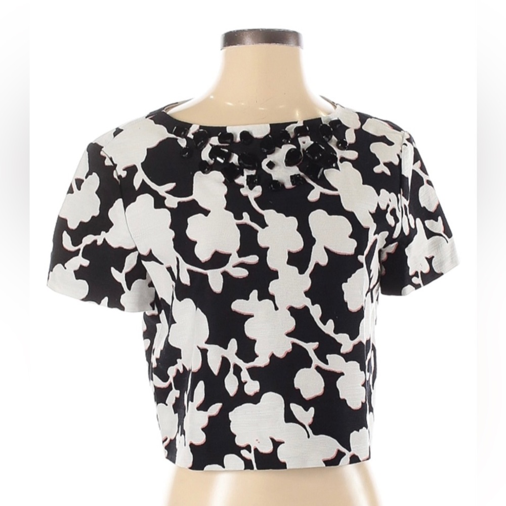 Kate Spade Black and White Short Sleeve Embellished Cropped Blouse